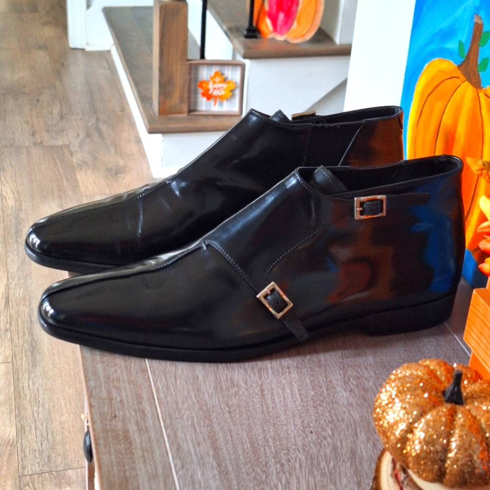 Prada Glossy Black Leather Double Monk Boots with Silver Buckles